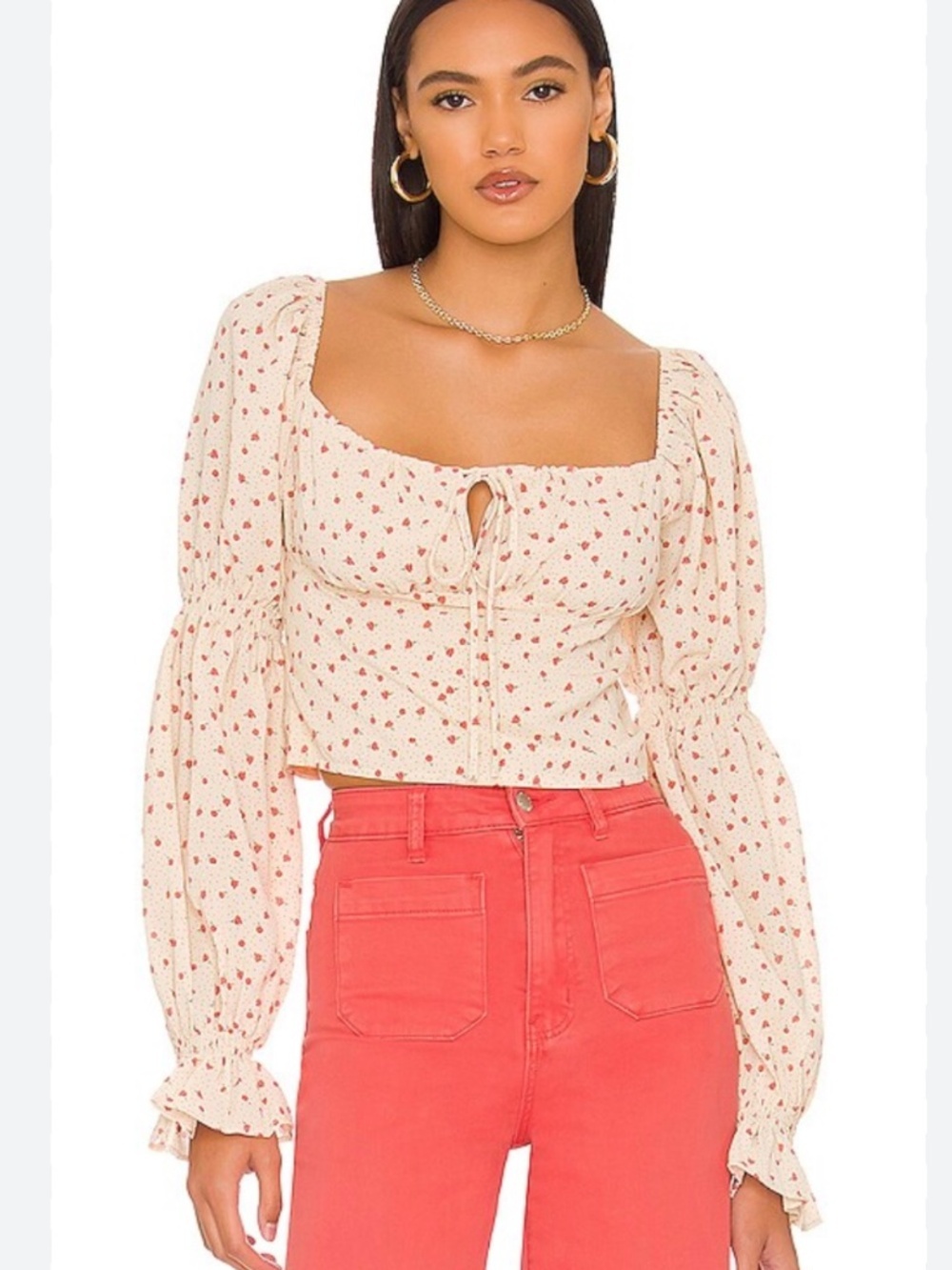 Revolve Line & Dot Floral Puff Sleeve Crop Top